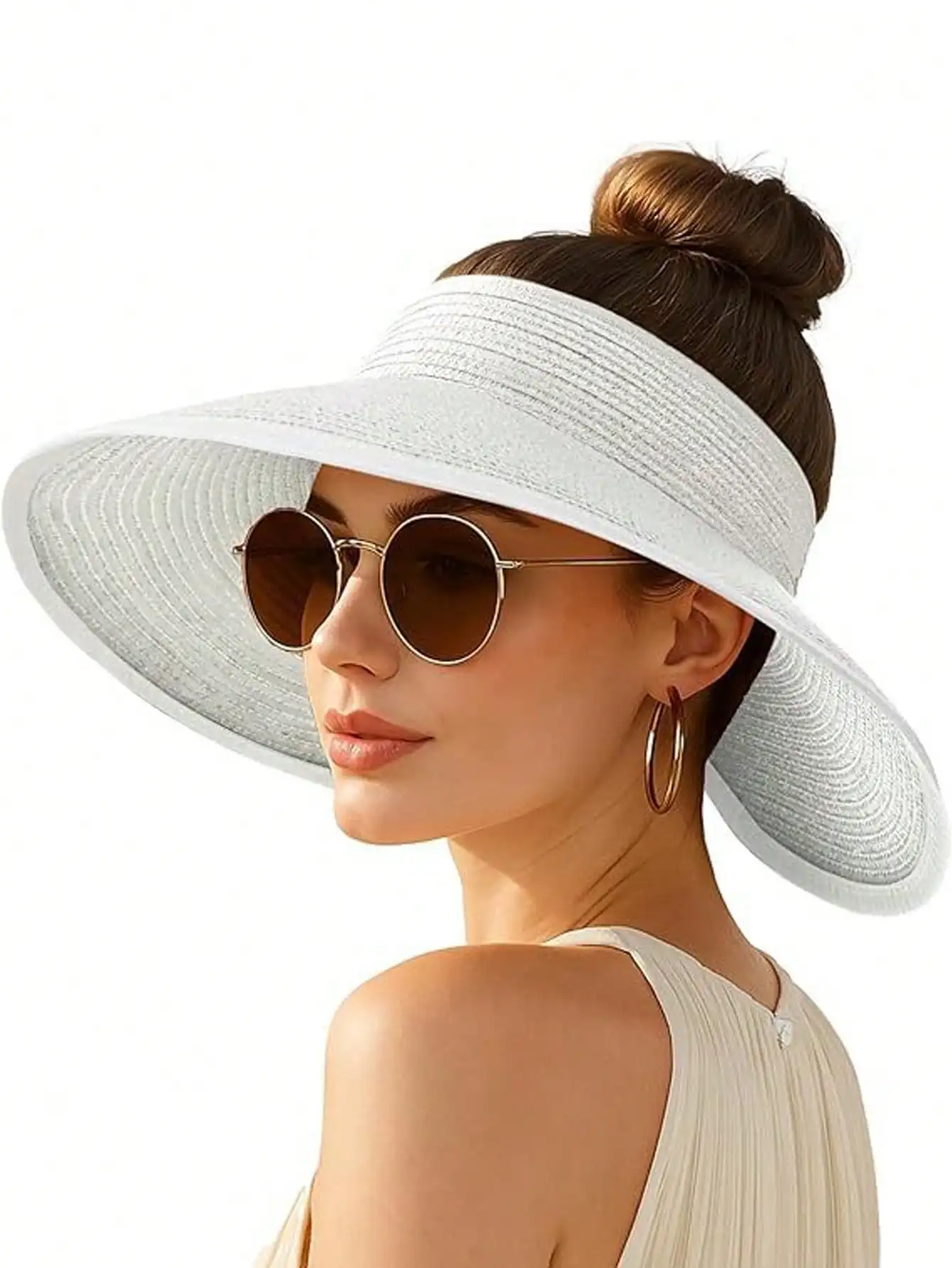 

Foldable Straw Hat, Wide Brim Sun Protection Hat With Cute Bow Decor, Fashionable Versatile Solid Color Casual Bohemian Elegant Hat, Polyester, Windproof And UV Protection, Spring/Summer
