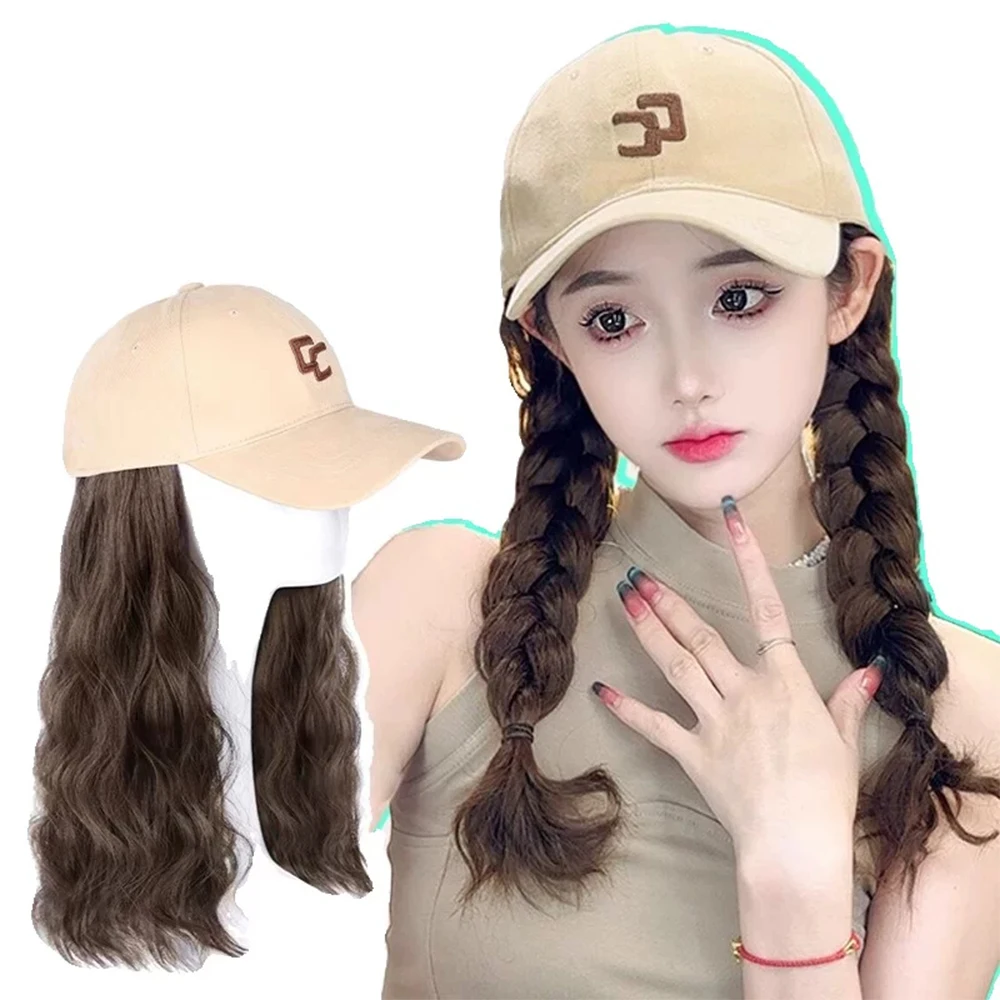 16inch Long Wavy Wig Synthetic Coffee Colored Baseball Cap Wigs Hair Extensions Black Brown Adjustable Hairpiece For Women Wigs