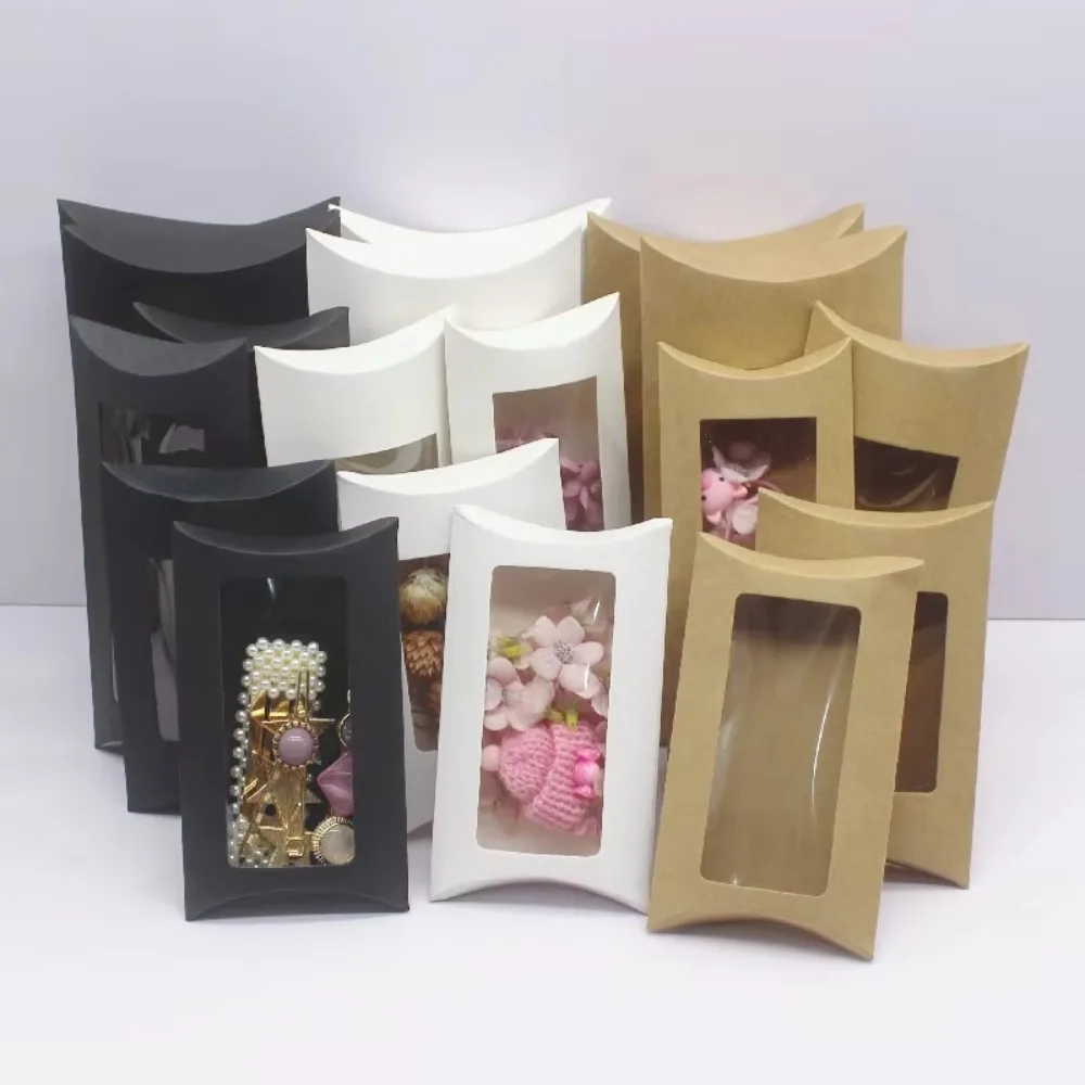 10pcs Pillow Shape Cookie Candy Boxes with Transparent Window Small Gift Folding Paper Box DIY Kraft Paper