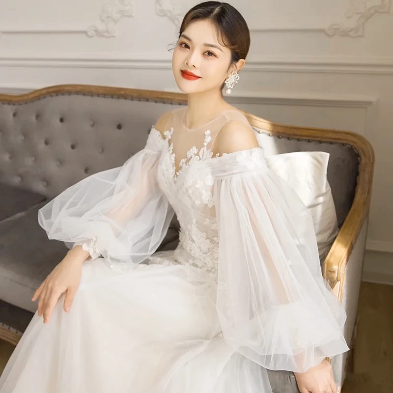 

Simple Ivory Wedding Dresses 2024 Long Puff Sleeves 3D Appliques Bridal Gowns A-Line Vestidos De Novia