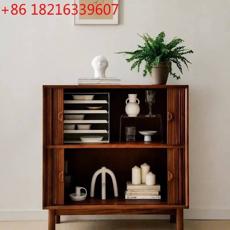 YAO Nordic Medieval Solid Wood Dining Side Cabinet Teak Rolling Shutter Sliding Door Locker MCM Retro Storage Cabinet