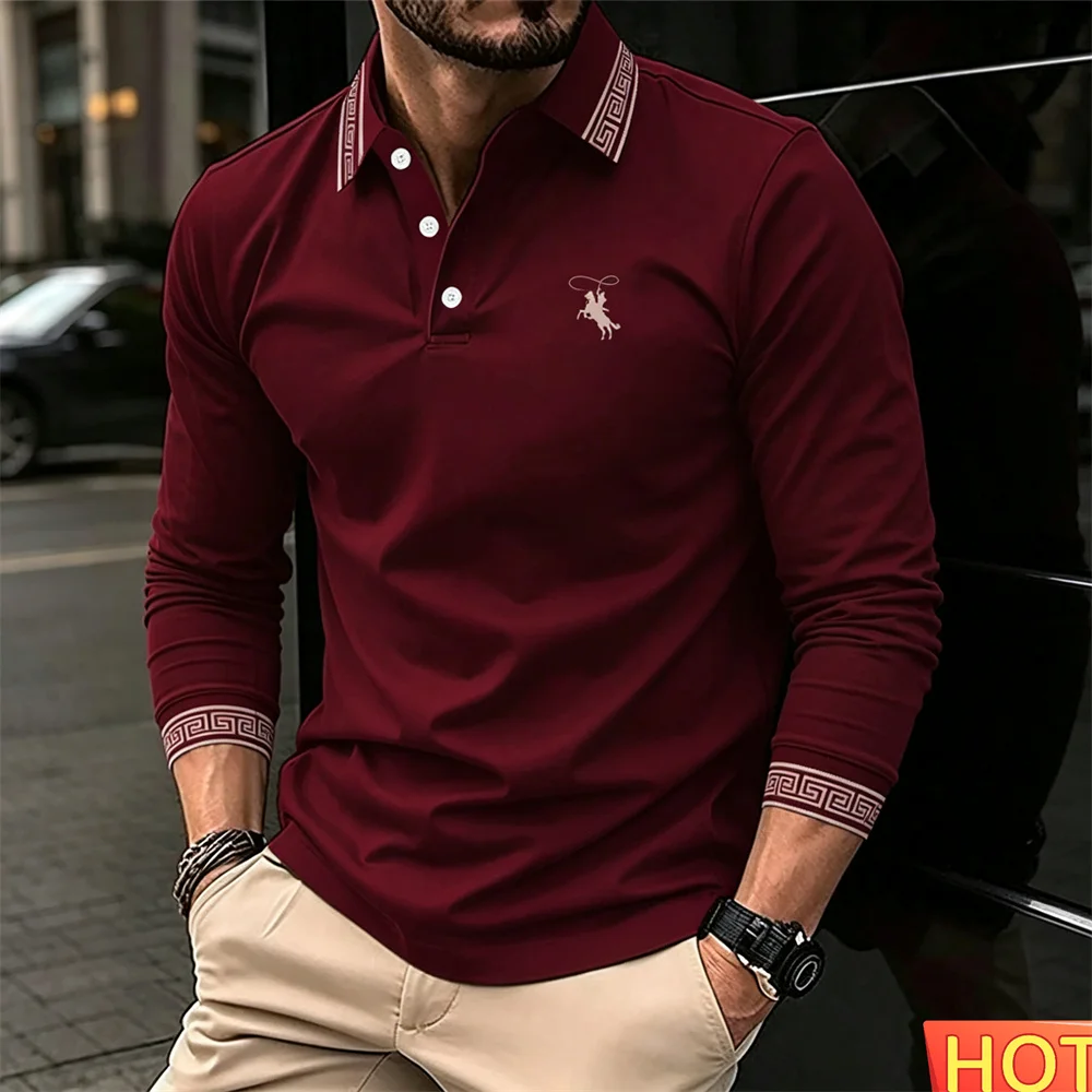 Autumn Winter Men's Long sleeved Polo Solid Color Horse Pattern Button polo Men's Business Polo Shirt Men's Polo Men's Golf Polo