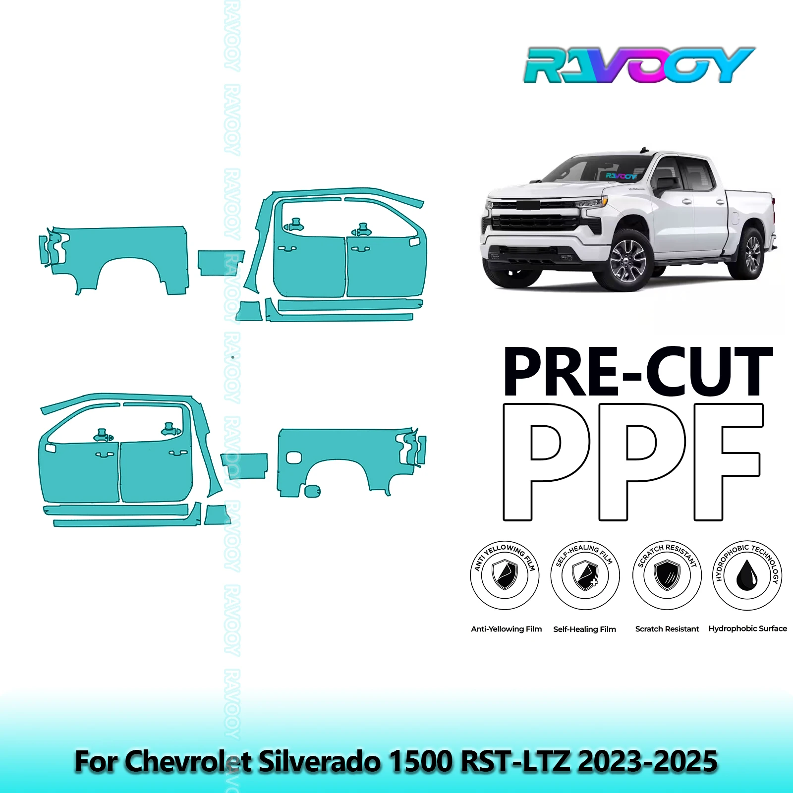 

For Chevrolet Silverado 1500 RST-LTZ 2023-2025 8.5mil Pre-Cut PPF Door & A/B Pillar Kit TPU Paint Protection Film Set