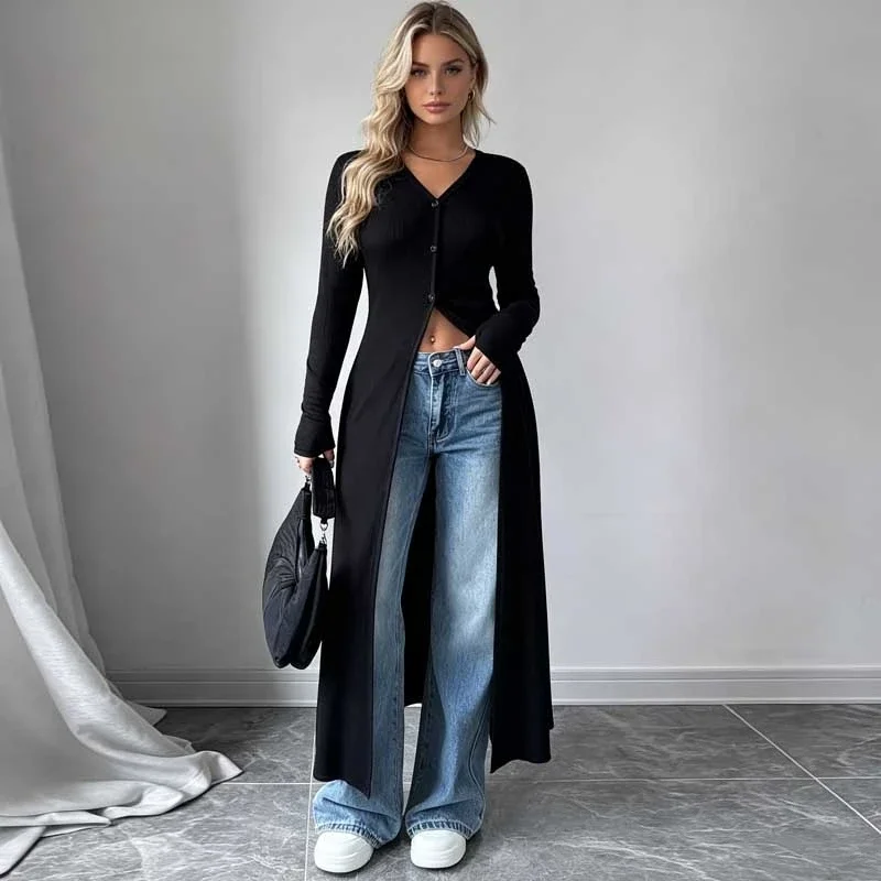 Elegant Casual Extra Long Jackets Women Spring Autumn V Neck Shirt Dress Cardigan Solid Color Fashion Long Sleeve Knit Slim Top