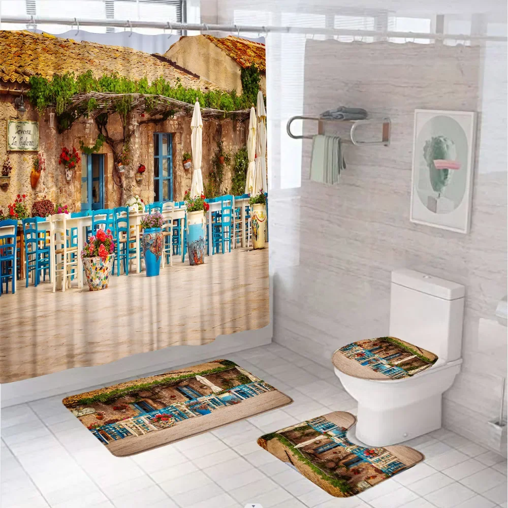 Vintage Italian Restaurant Architecture Shower Curtain Sets Stone Houses Plants Mediterranean Bathroom Decor Bath Mat Toilet Rug