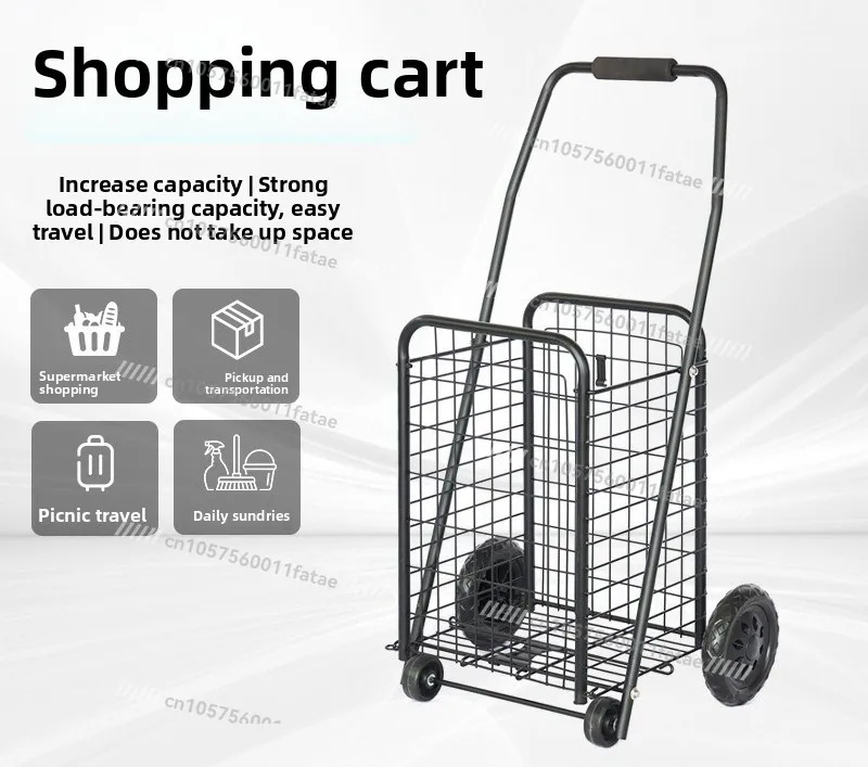 Black Folding Vegetable Basket Cart Home Supermarket Foldable Shopping Cart Stall Express Handling Movable Trolley