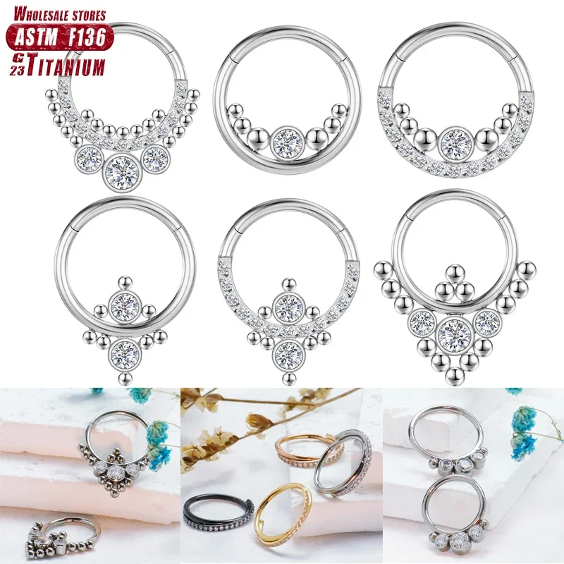 F136 Titanium Septum Zircon Clicker Nose Ring Hoop Earrings Tragus Industrial Piercing Hinged Segment Cartilage Women Jewelry