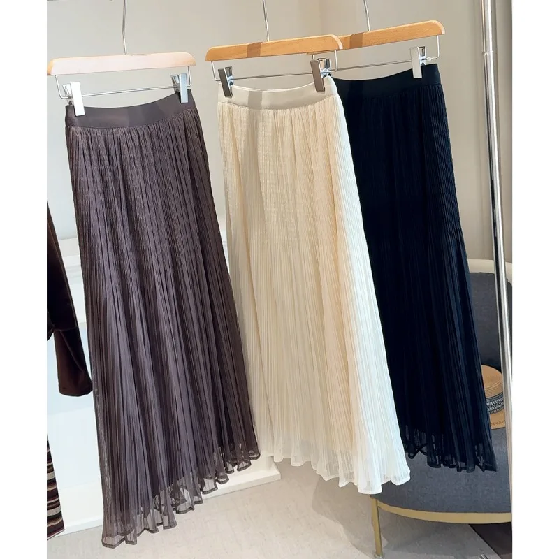 

Mesh Stitching High Waist Pleated Skirt Women's Autumn New Elastic and Thin Casual Drape A Word Pleated Gauze Skirt