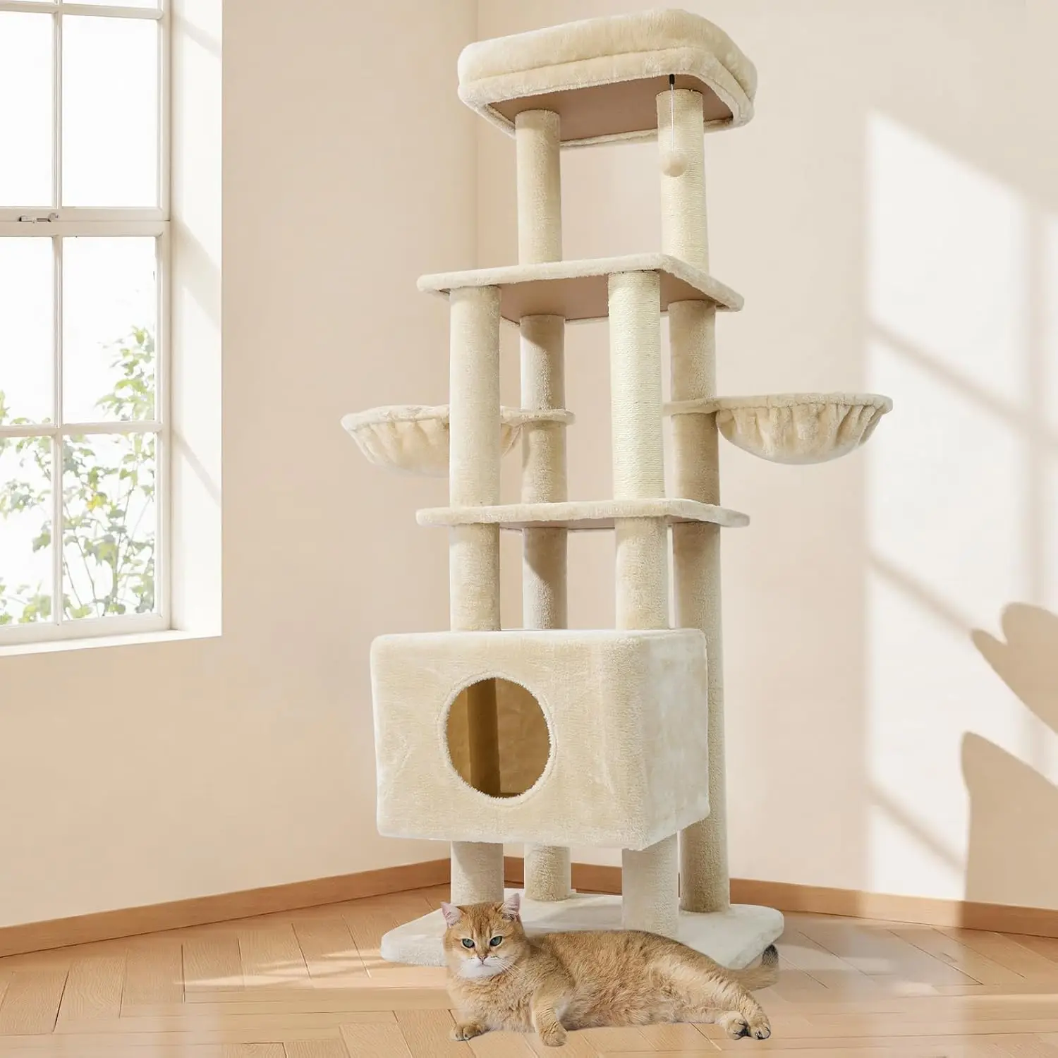 

65-Inch Heavy Duty Cat Tree Tower for Large Cats, Multi-Level Furniture with Sisal Scratching Post and Hammock