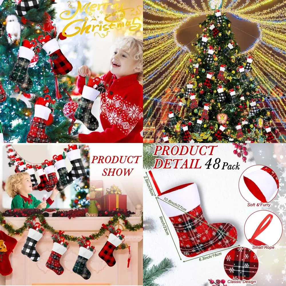 

Набор из 7 9 рождественских чулок в клетку буйвола со снежинками для камина и праздничного декора в деревенском стиле.