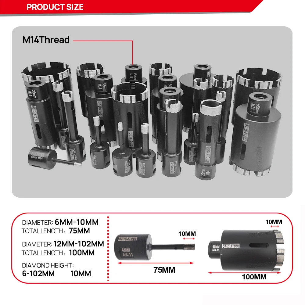 DIATOOL-Diamond Drill Bit Hole Saw Drill Cutter Drilling Core Bit for Granite Marble Drill Bit M14 5/8-11 Thread Diamond  Crown