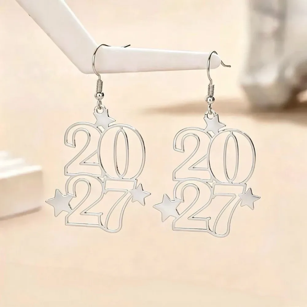 Elegant 2027 Digital Earrings Hollowed-out Fashion Long Drop Happy New Year Earrings Star Design Metal Iron Stud Earrings