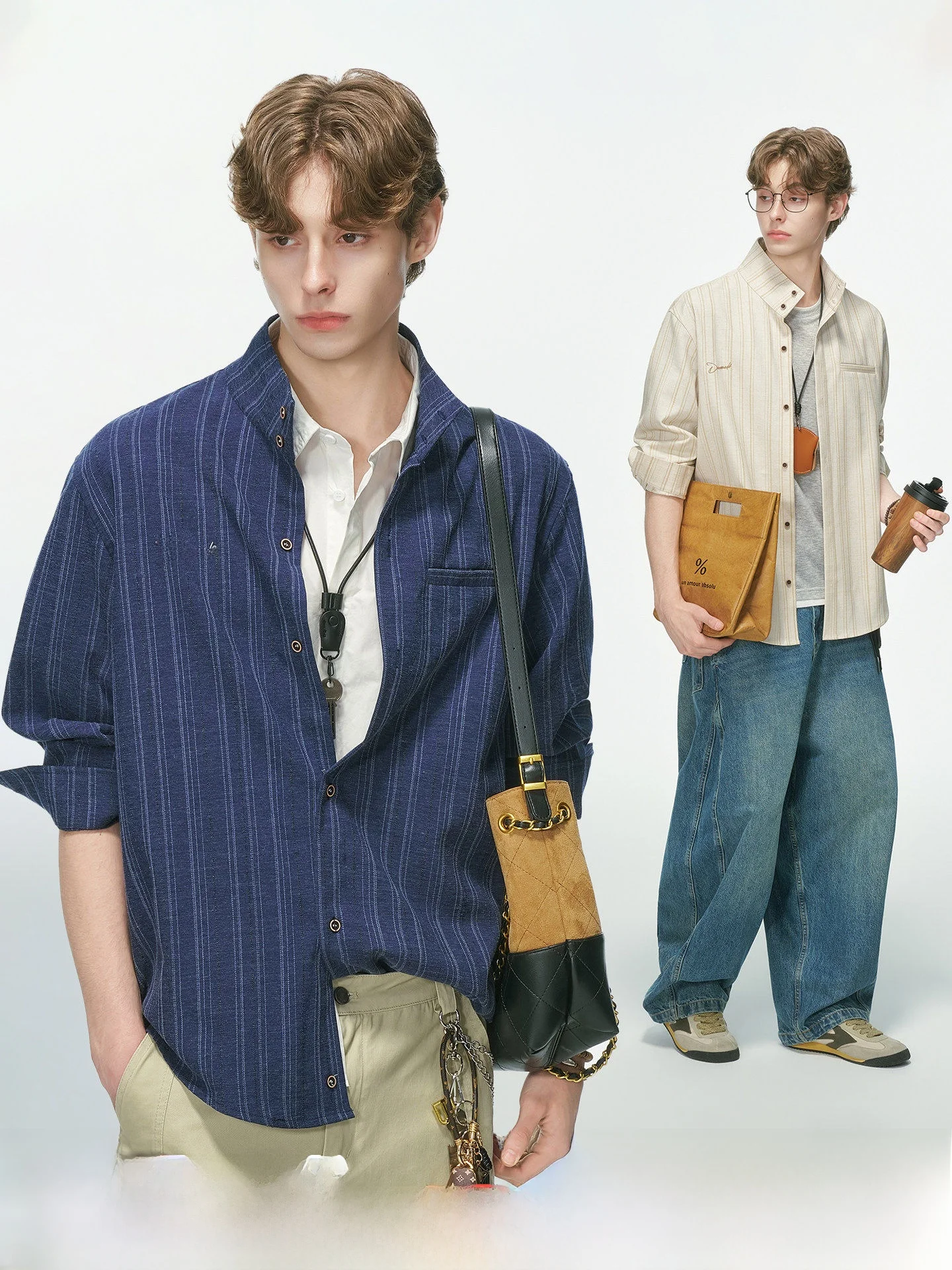 Dream Made Men's Striped Long Sleeve Shirt Stand Collar Commuter Style Autumn Fashion Casual Loose Fit Polyester Blend