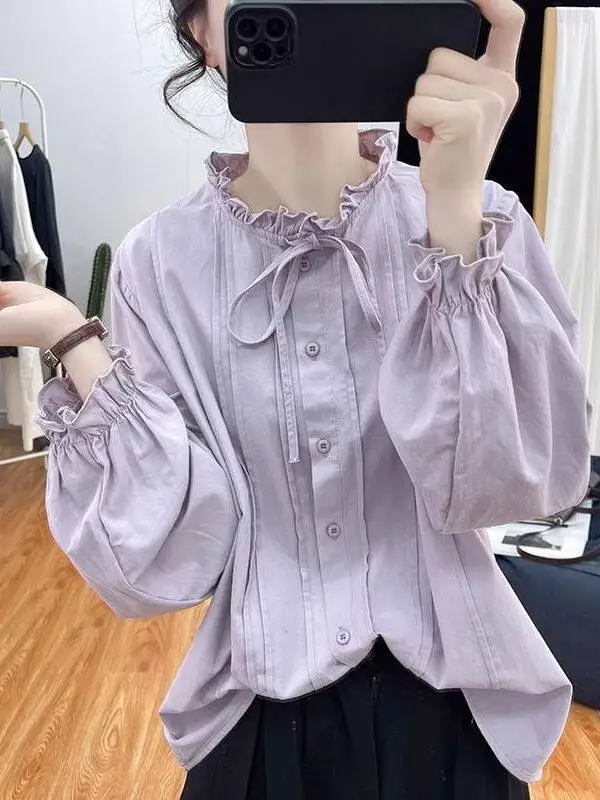 

plus Size Loose Women's Long Sve irt with Belt Casual Sle Spring Faion Soft Wind Blouse Meat Concealing Gored Hem