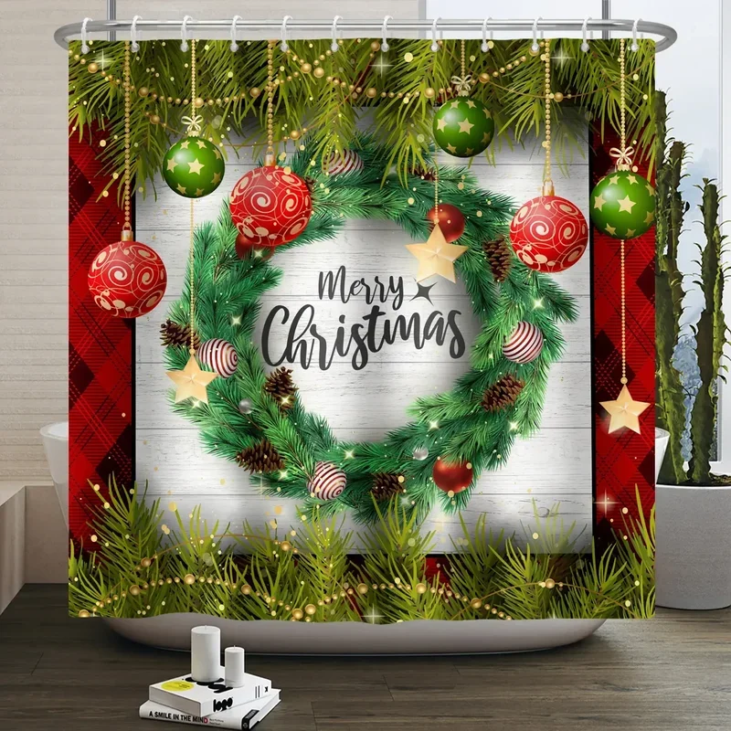 Christmas Shower Curtain, Santa Tree Socks Snowman Fireplace Elk Log Cabin Winter Holiday Holiday Decorations Bathroom Curtains