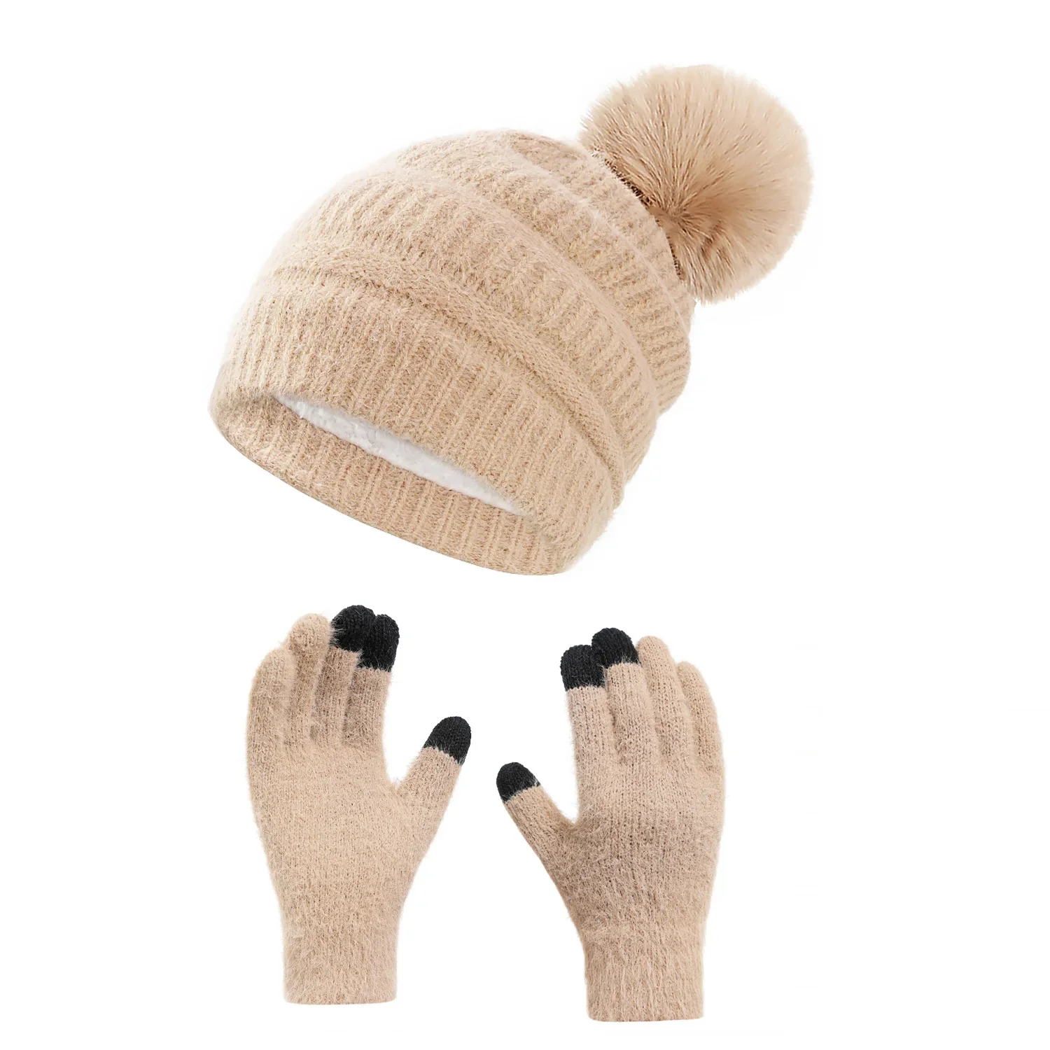 Winter Knitted Hat Scarf Touch Screen Gloves 2 Piece Set for Men Women Adults Outdoor Warm