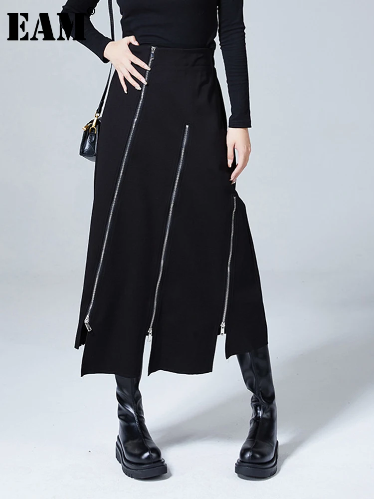 

[EAM] High Waist Black Zipper Irregular Design Long Casual Half-body Skirt Women Fashion Tide New Spring Autumn 2024 1DF0628