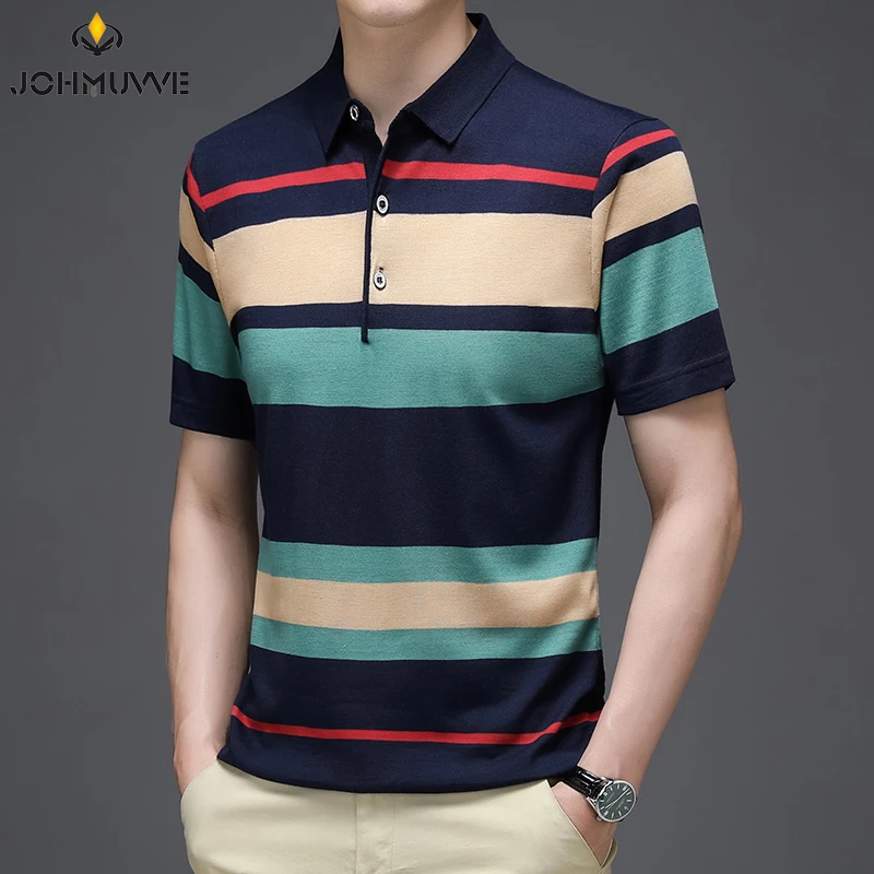 2024 Summer New Men\'s Knitted Stripe Short Sleeved POLO Shirt Comfortable and Cool Casual Fashion T-shirt