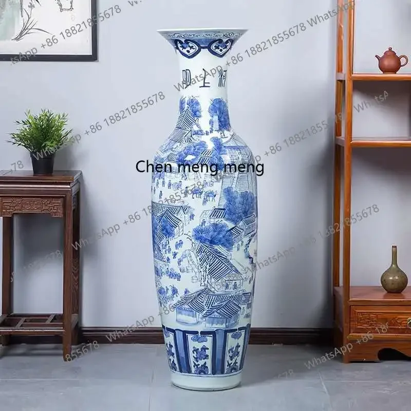 A74Jingdezhen ceramics blue and white porcelain Qingming Shanghe map floor-to-ceiling large vase living room hotel decoration