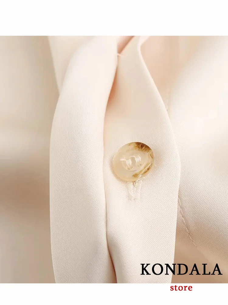 KONDALA Vintage Beige Satin Women Suit Turn-down Collar Single Breasted Blouse Loose Long Straight Skirt Fashion 2023 Autumn Set