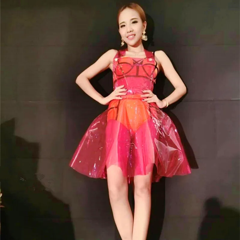 Female Singer Ds Costume Transparent Plastic Expansion Bottom PVC Dress Vestido Summer Clothes Women Clear Vinly A LINE