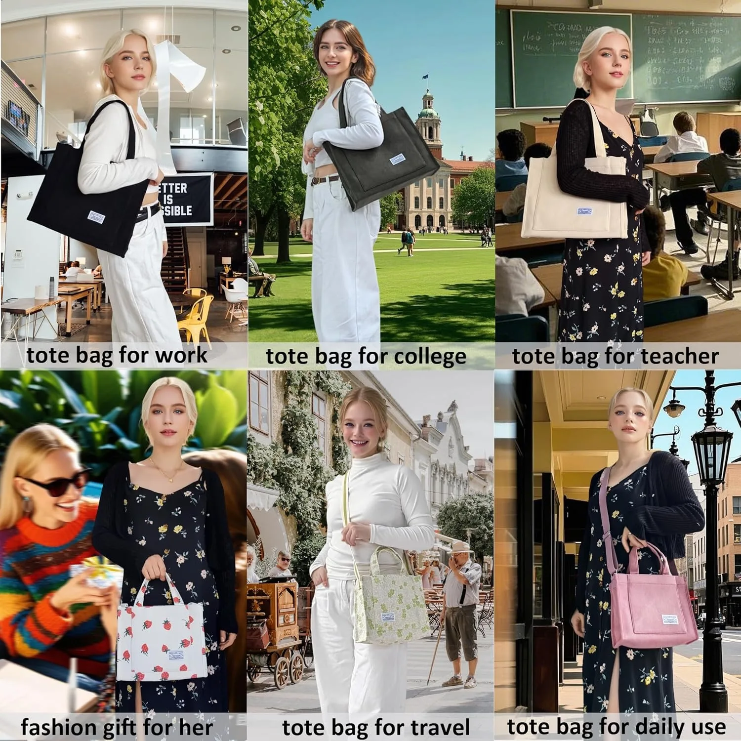 UERRUAM Corduroy Tote Bag for Women Work Crossbody Purse for Everyday,College,Travel,Lightweight Handbag Adjustable Strap