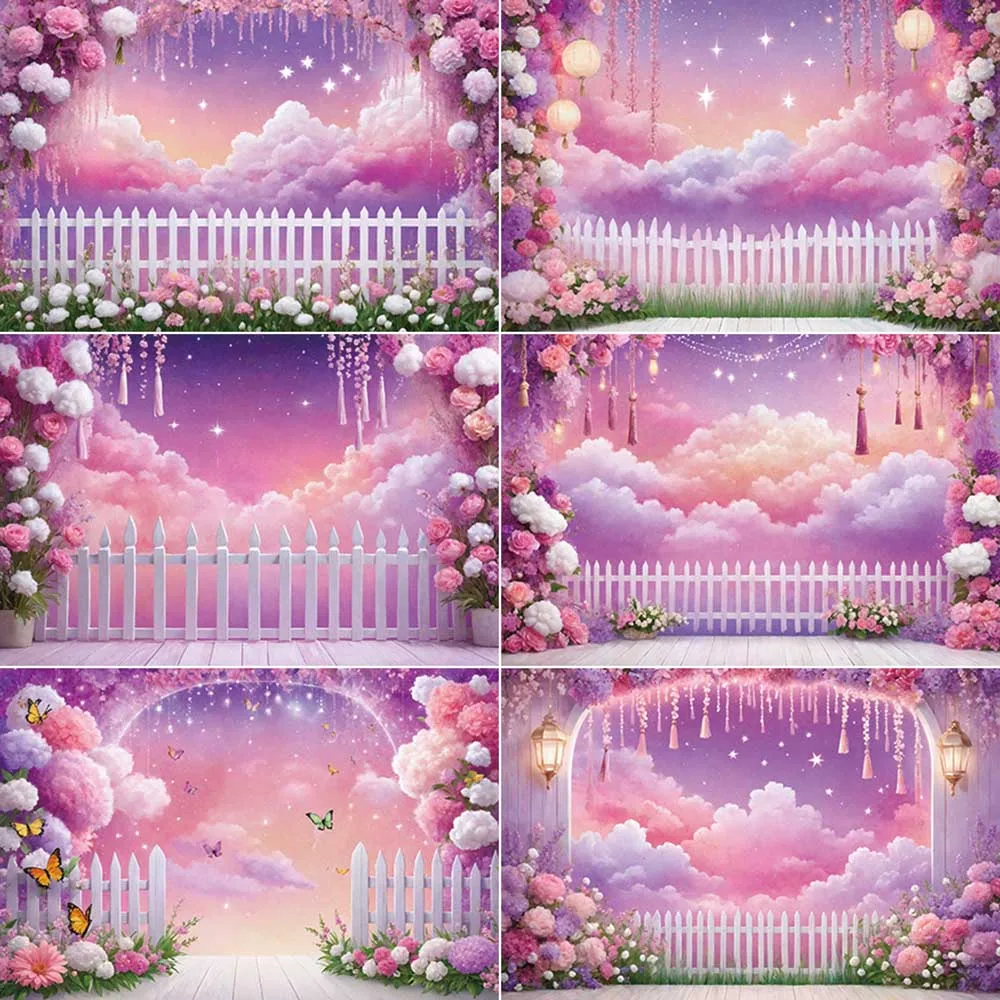 

MOON.QG Pink Flower Butterfly Fence Baby Photography Shooting Props Backdrop Birthday Party Background Floral Garland Photobooth