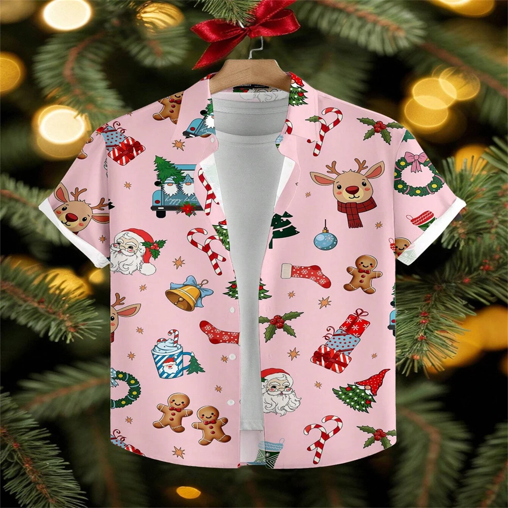 Christmas Print Hawaiian Shirt Girl Children Summer Clothes Boy's Clothing Turndown Collar Shirt Short Sleeve Kids Clothes Tops
