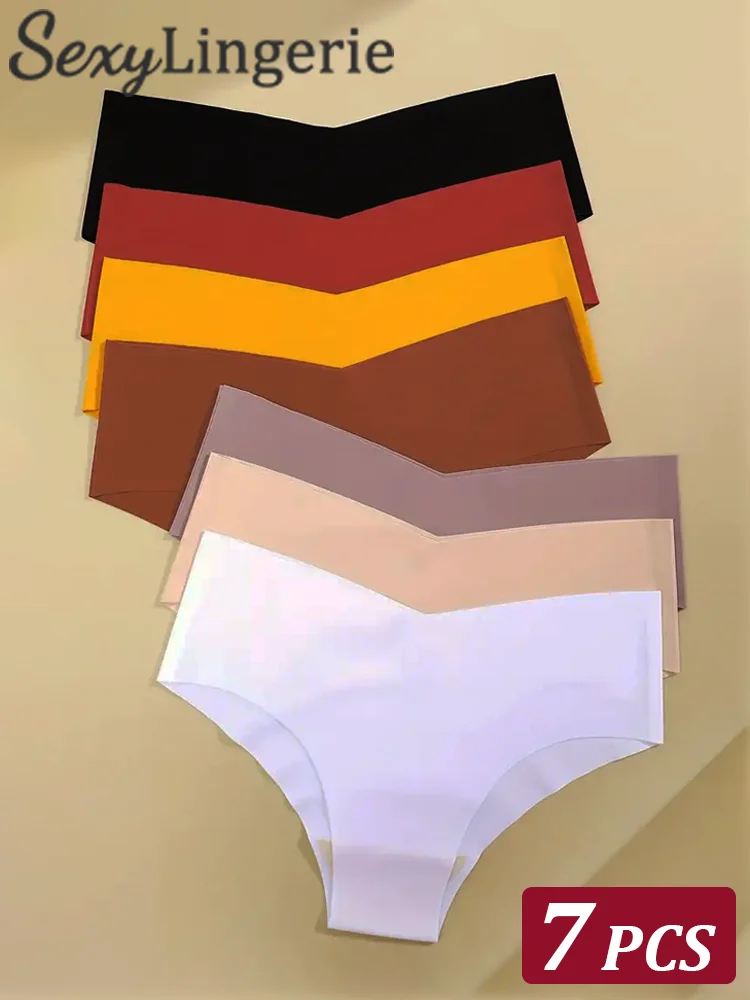 7pcs Frauen nahtlose Maillard Unterwäsche sexy V-förmige mittlere Taille Eis Seide Slips 10 einfarbige gemütliche Stretch sexy Unterhose S-XL