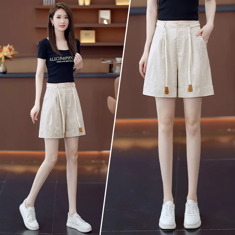 شورت كاجوال من الكتان للنساء، شورت صيفي رقيق متعدد الاستخدامات للتخسيس فضفاض بأربعة أرباع #1