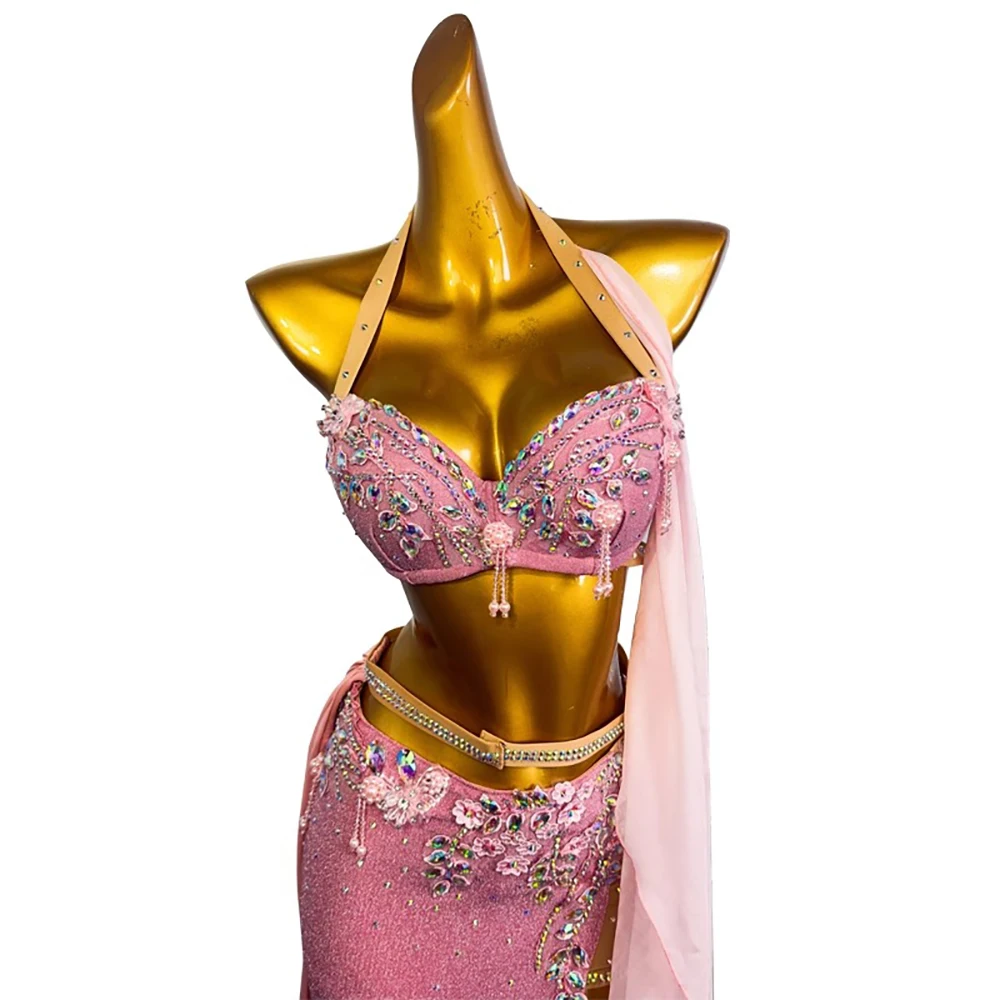 Roupas de dança do ventre strass feminino high-end personalizado sutiã rosa capa vestido longo samba desempenho vestido de alto flash