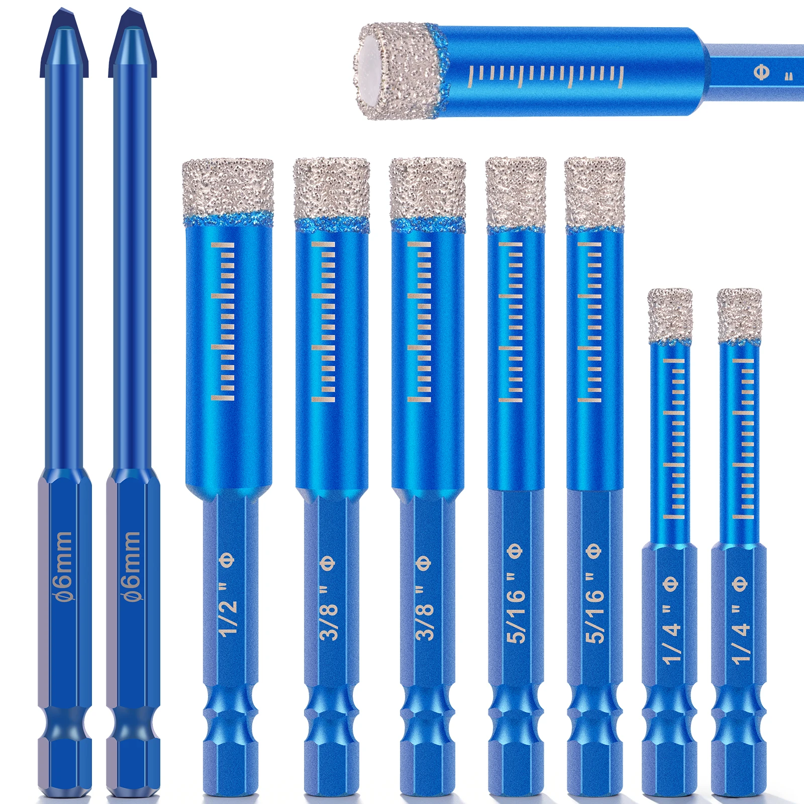 

9Pcs Dry Diamond Drill Bit Set 1/4 5/16 3/8 1/2 Inch Hex Shank Vacuum Brazed Tile Drill Bit with Cooling Wax for Marble Brick