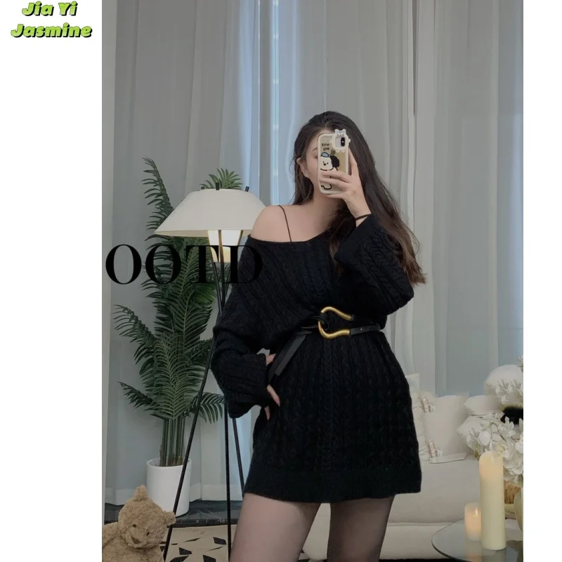 

Large Size Women's French 2024 Autumn and Winter New Item Long Sleeved Waist Cinching Slimming V-neck Simple Dress Chic Belt