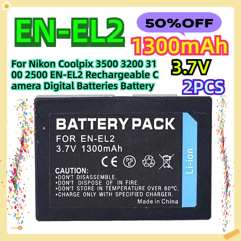 

For Nikon Coolpix 3500 3200 3100 2500 EN-EL2 Rechargeable Camera Digital Batteries Battery 1300mah 3.7V 2pcs