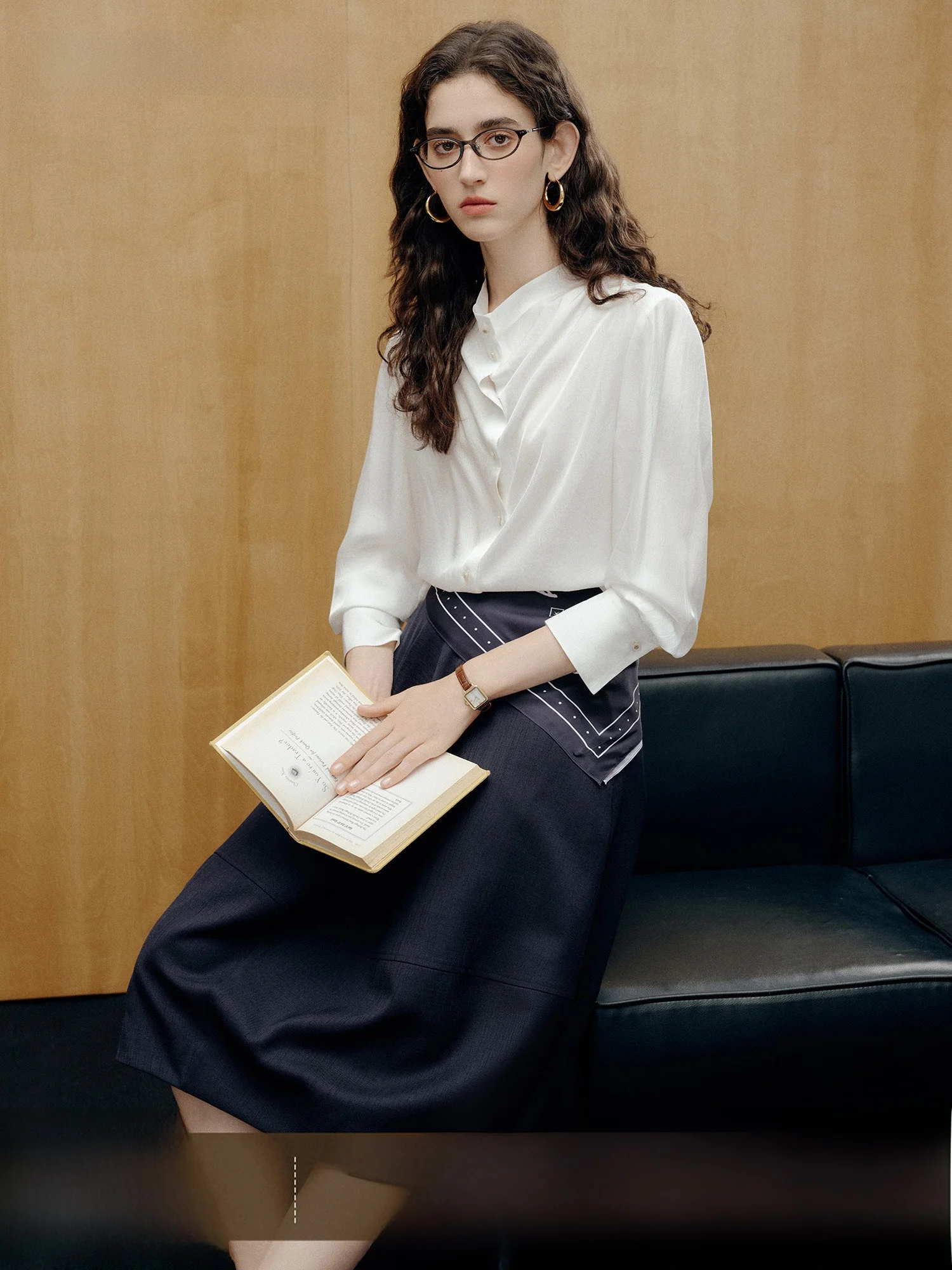 Famanxun Women's Acetate Satin Shirt V-neck Commute White Top French Style Straight Cut Long Sleeve Regular Length Button Clo...