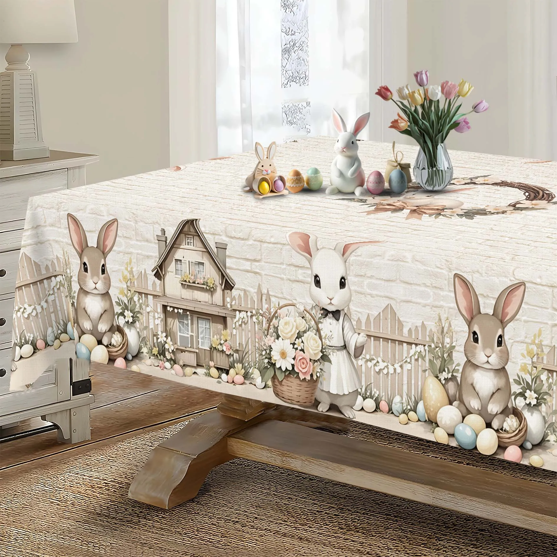 1pc - High-Quality Spring Floral Easter Tablecloth with Rabbit And Egg Decorations, Featuring a Rustic Cottage Style, Available