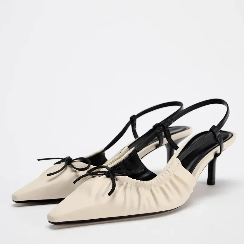 

Spring High Heeled Shoes for Women Bow Decoration Sexy Pointed Toe Stiletto Pleated Elegant Dress Office Lady Slingback Pumps