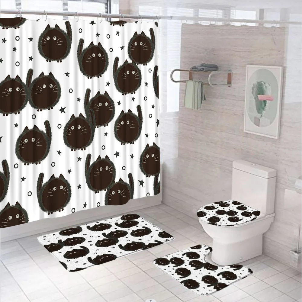 4Pc Cute Black Cat Shower Curtain Set Halloween Pumpkin Fabric Screen Non-Slip Rug Toilet Lid Cover Bath Mat Bathroom Decor Home