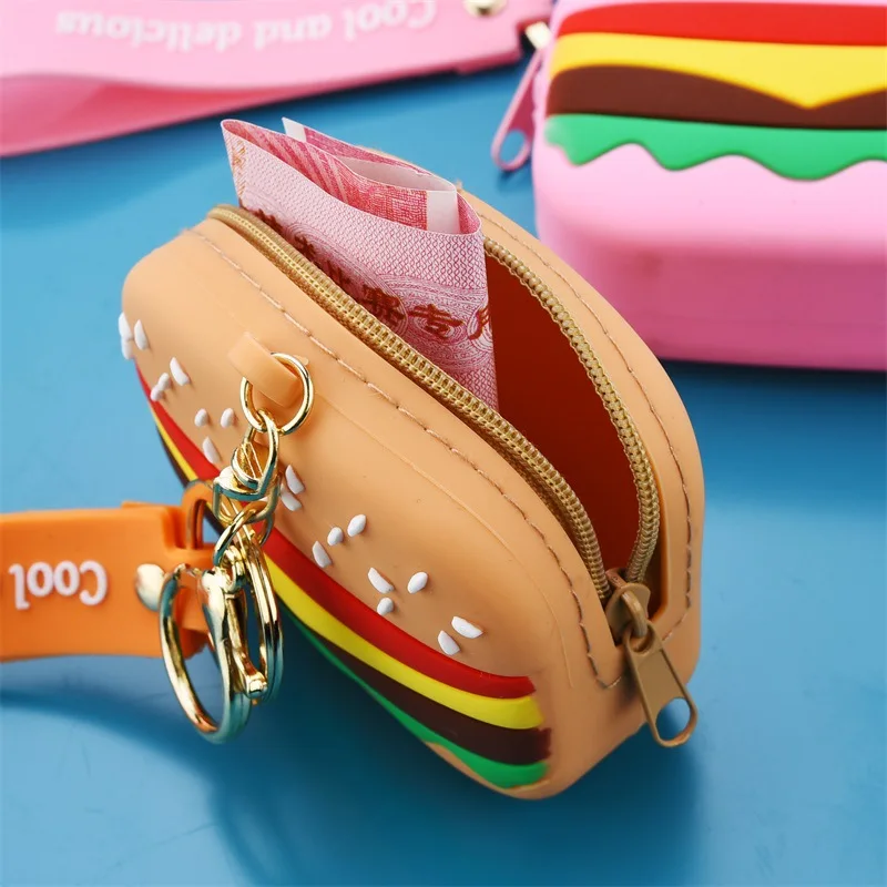 Fashion Silicone Simulation Hamburger Purse Pendant Keychain Female Cute Exquisite Mini Wrist Bag Girl Heart Keyring Women Gift