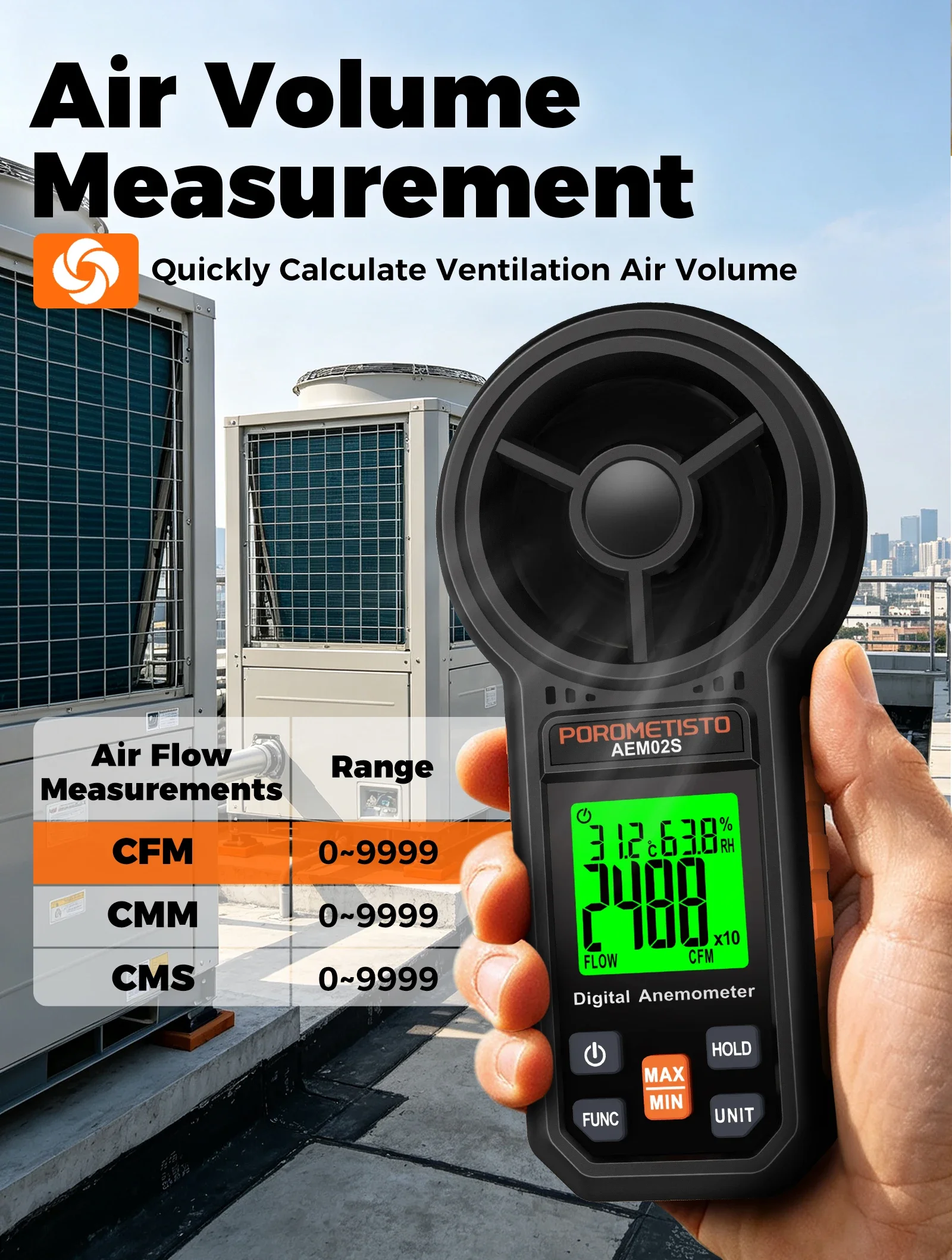 Digitales Anemometer 0,4~30,00 m/s Handgehaltenes Windgeschwindigkeitsmessgerät Luftgeschwindigkeit Luftstromrate mit LCD-Hintergrundbeleuchtung CFM CMM CMS Messwerkzeug – Detail 4