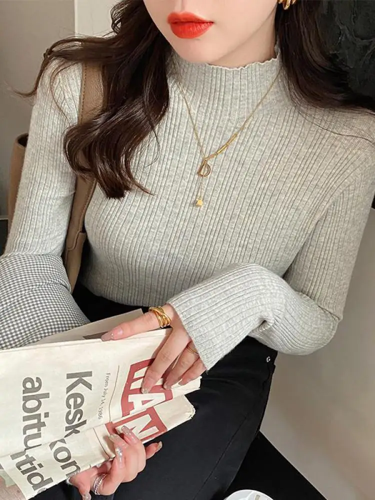 

Solid Elegant Basic Knitted Tops Women Turtlneck Sweater Long Sleeve Casual Slim Pullover Korean Fashion Simple Chic Clothes
