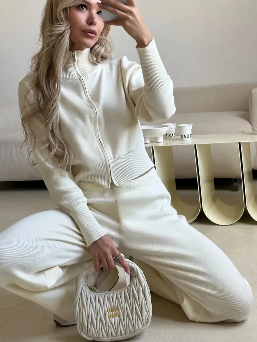 Bornladies المرأة الجديدة متماسكة زمم سترة بنطال ذو قصة أرجل واسعة مجموعة نسيج ناعم اقتصاص مرونة الخصر الخريف الشتاء سترة الموضة