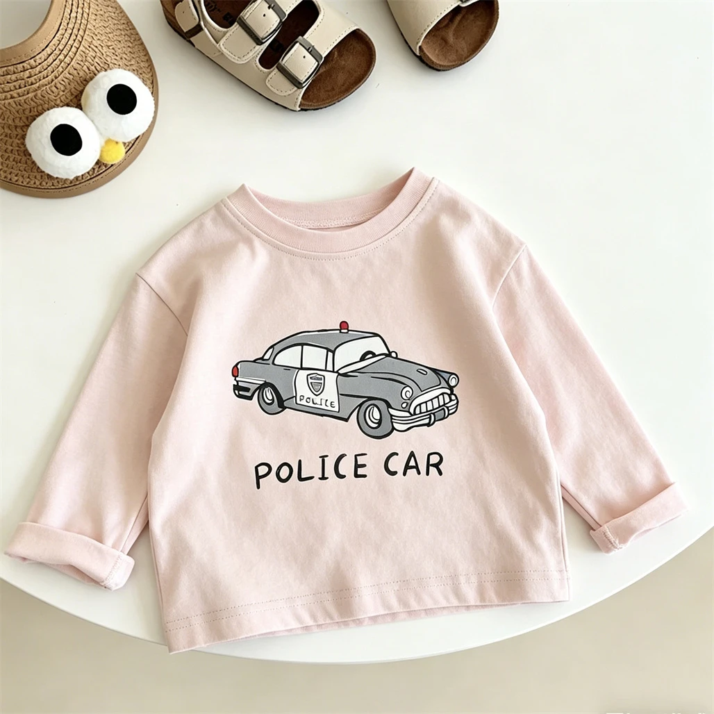Printing Tees Kids Casual Loose TShirts New Pure Cotton Clothes Toddler Little Car Printed Tops Child Long-sleeved Pullovers