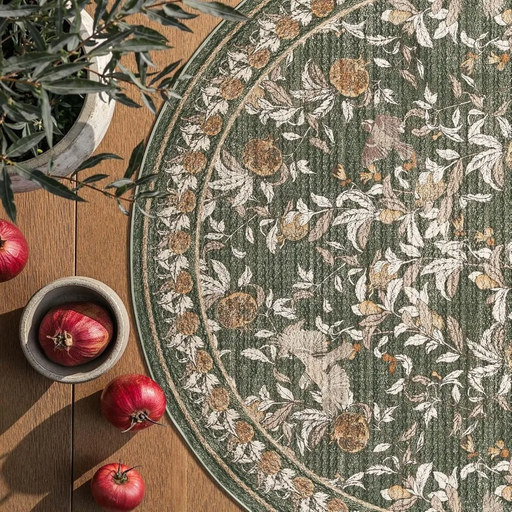 سجادة مستديرة من الزهور من جينشان بطول 5 أقدام، سجادة كلاسيكية قابلة للغسل، ناعمة غير قابلة للانزلاق، سجادة دائرية باللون البرتقالي والأخضر مقاس 5 بوصات، سجادة منخفضة كومة من Ru