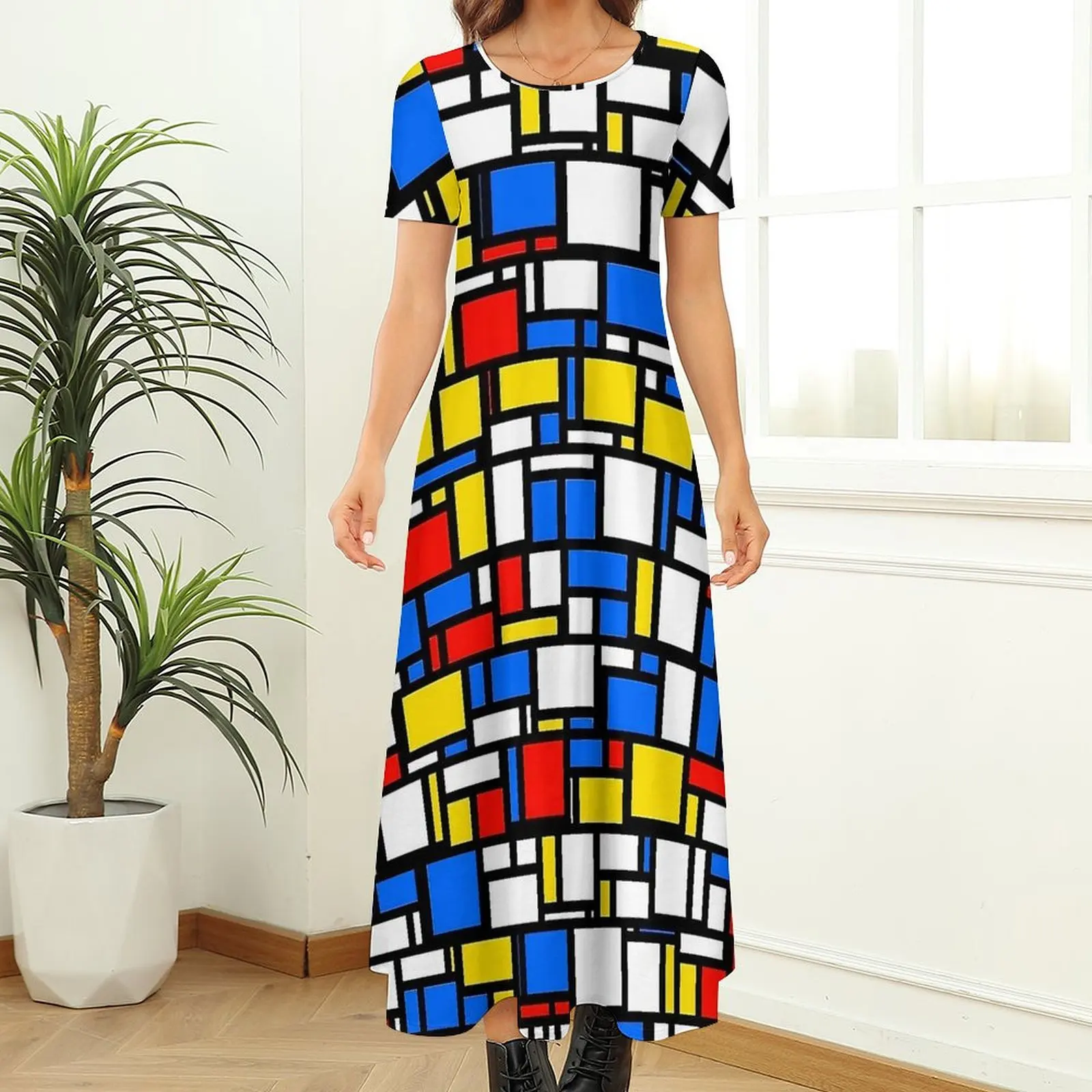 Mondrian Style Dress Checkerboard Retro Maxi Dress Short Sleeve Fashion Bohemia Long Dresses Ladies Print Oversized Vestido