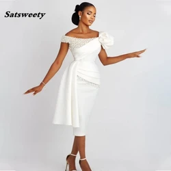 Sheath/Column Wedding Dress Short Off the Shoulder Pearls Luxury Wedding Gown for Bride White Draped Tea Length Bridal Dresses