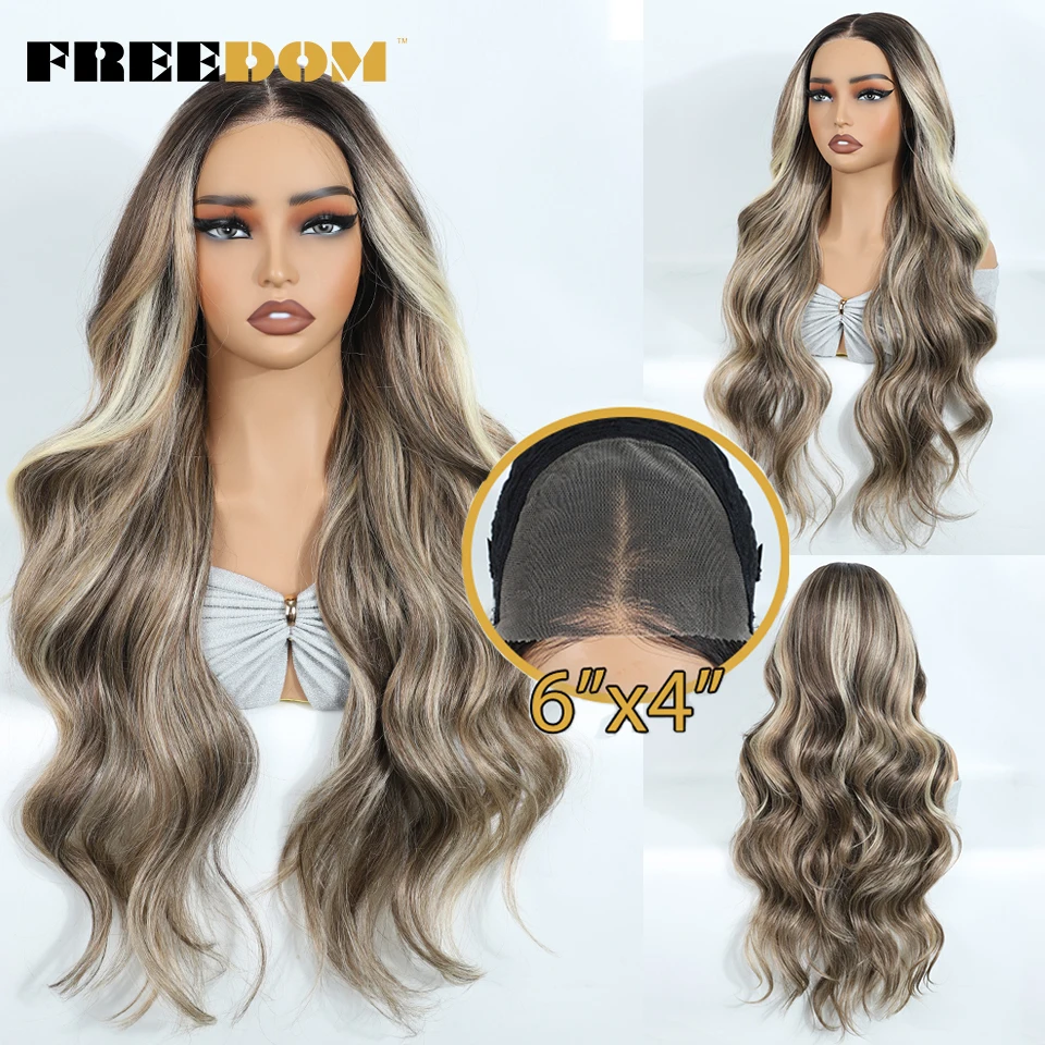 FREEDOM Synthetic Lace Front Wigs For Woman Long Body Wave Wear and Go Glueless Wig Ombre Brown 6x4 Pre Plucked Pre Cut Lace Wig