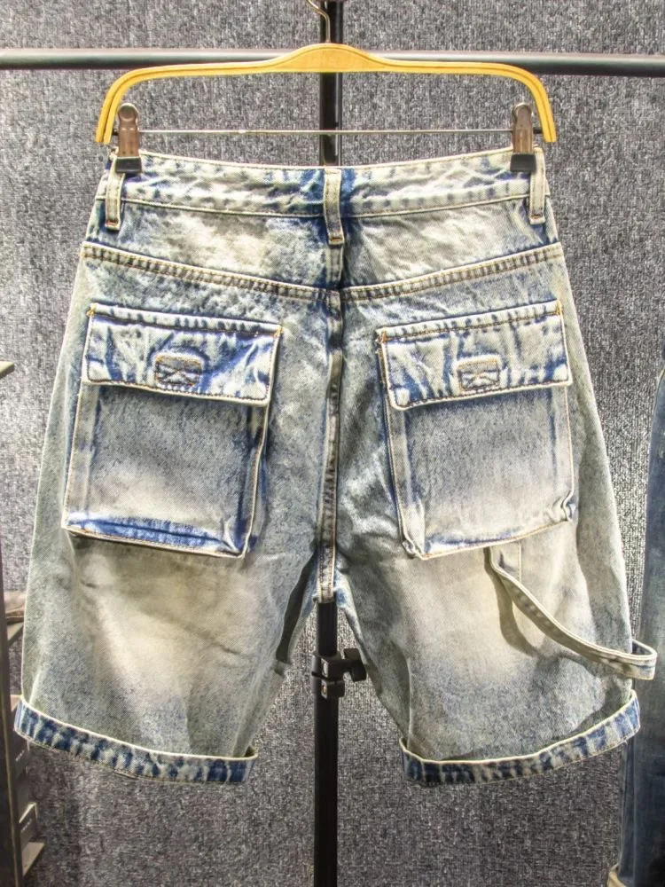 ヴィンテージ穴デニムショーツ男性マルチポケットパッチワークカーゴショートパンツストリートファッショングラデーションジーンズ夏のカジュアルショーツ