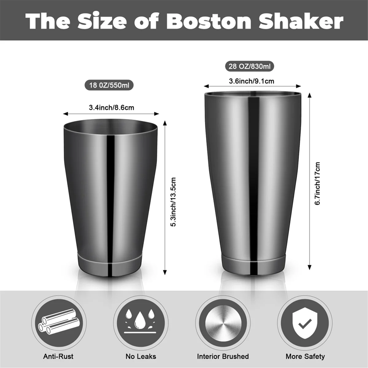 3Sets Cocktail Shakers Professional Bar Shaker Boston Shaker Set Stainless Steel Martini Shaker Drink Mixer(Gun Black)