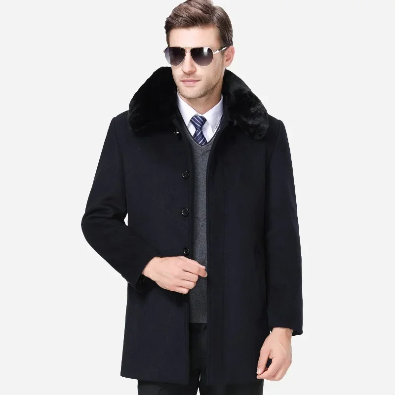 New Arrival Fashion Mens Fur Collar Woolen Coat Mens Wool Overcoat Winter Casual Covered Button Plus Size M L XL 2XL 3XL 4XL 5XL